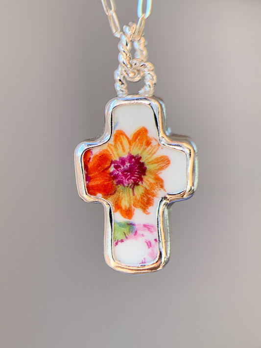 Upcycled Pottery Cross Necklace